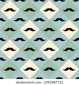 Seamless vector pattern with black curly vintage retro gentleman's mustache on a checkered background.