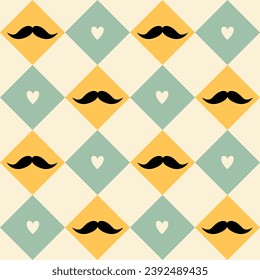 Seamless vector pattern with black curly vintage retro gentleman mustaches, hearts on a checkered background.