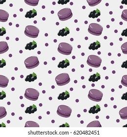 Seamless vector pattern. Black currant taste macarons and berries pattern on the light background. Useful for gifts wrapping.