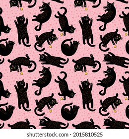 Seamless vector pattern with black cute kittens and hearts on a pink background. The cat is playing with a yellow ball, sleeping, lying belly up, smiling. A sly little prankster. Love for cats