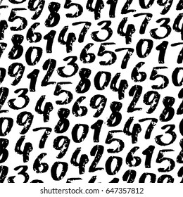 Seamless vector pattern of black digits on a white background. Wrapping paper and wallpaper. Lettering painted by hand with a brush. Beautiful kid's drawing.