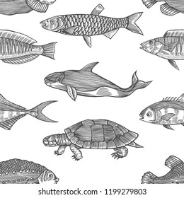 Seamless vector pattern with Black fish on white background. Vintage engraving art. Hand drawing sketch. Kitchen design with seafood for paper, wrapping, fabrics.