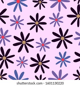 Seamless vector pattern with black flowers on a pink background. Patchwork, print design tissue textile fabric fabrics, cotton fabric for sewing. Floral motifs, backgrounds for the design of floral pr