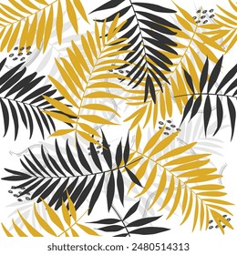 Seamless vector pattern with black and gold palm leaves on white background