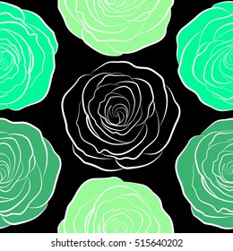 Seamless vector pattern with black and green roses. Design of flowers in vintage style. Illustration of floral decoration on a black background.