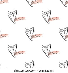 Seamless vector pattern with black hand drawn hearts on white background. Valentine's Day decor. Concept of love, romance, passion. Wrapping paper, textile, background, wall decor. 