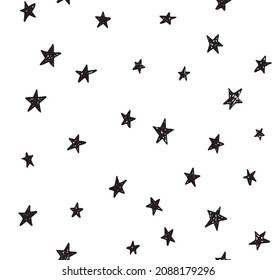 Seamless vector pattern, black hand drawn stars with texture for backgrounds, textile, wrapping paper, decorations, packaging and surface design