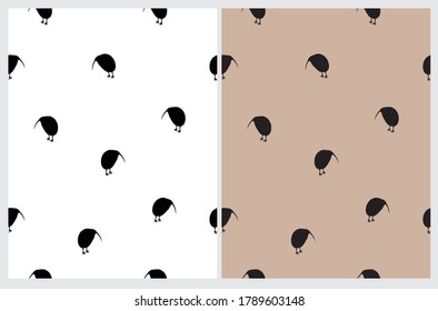 Seamless Vector Pattern with Black Kiwi Isolated on a White and Beige Background. New Zealand Symbol Print.
