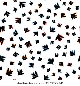 Seamless vector pattern with black leaves with a shadow of orange, red and blue on a white background. Vegetable texture for fabric, bed linen, tablecloth, baby clothes, wallpaper.