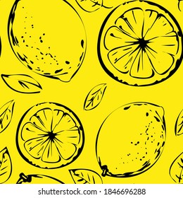Seamless vector pattern of black lemon outline on yellow isolated background. For fabric, cover and background.
