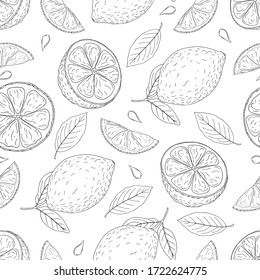 Seamless vector pattern of black line hand drawn lemons on white background. Design for organic or natural products packaging