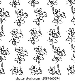 Seamless vector pattern with black line sakura on transparent background. Spring, botanical, Asian print in doodle style hand drawn.Designs for textiles,fabric,wrapping paper,packaging,social media.