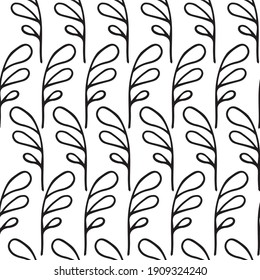 Seamless vector pattern. Black outline in ide twigs with leaves on a transparent background.