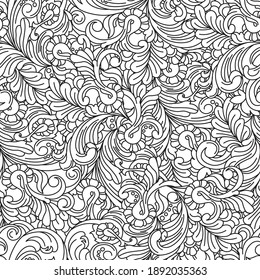 seamless vector pattern of black outlines curlicues and floral elements on the white background. Natural Background in Doodle Line Style. Coloring Book Page