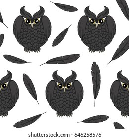 Seamless, vector pattern with black owls and feathers.
