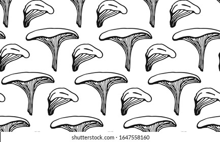 Seamless vector pattern of black 
oyster mushrooms on white background. Hand drawn elements. Line-art drawing.