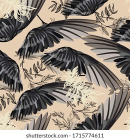 Seamless vector pattern. Black raven wings and floral elements on a beige, cream background. Repeating square pattern for fabric, design and wallpaper.