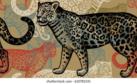 Seamless vector pattern. Black and red jaguars on gold background. Hand drawing of animals. Vintage style engraving. Illustration for creating fabrics, paper, wallpaper, textiles, interior, curtains.