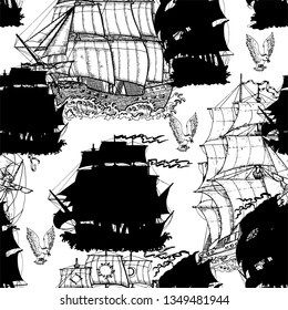 Seamless vector pattern with black silhouettes of old sailing ships and frigates on white. Graphic nautical illustration, historical adventure concept, vintage transportation background
