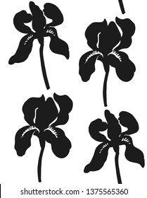 Seamless vector pattern with black silhouettes of iris flowers. Black and white abstract summer flowers.