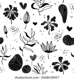 
Seamless vector pattern, black silhouettes, leaves, flowers, stones, hearts and specks on a white background