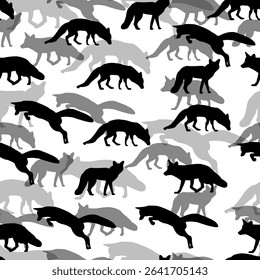 Seamless vector pattern of black silhouettes of foxes of different transparency on a white background