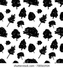 Seamless vector pattern black silhouettes style trees. Trees delicate branches, black and white background. Flat design Vector Illustration