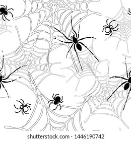 Seamless vector pattern with black spiders on white background. Creative wallpaper design with spiderwebs. Simple bug fashion textile.