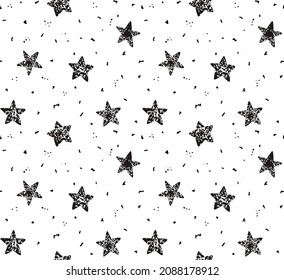 Seamless vector pattern, black stars with texture for backgrounds, textile, wrapping paper, decorations, packaging and surface design