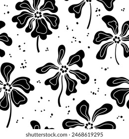 
Seamless vector pattern, black stylized flowers, silhouettes on a white background, specks