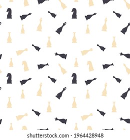 Seamless vector pattern with black and tan chess pieces on a white background.