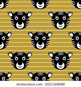 Seamless vector pattern with black tiger face, white stripes on a yellow background. Illustrations for the year of the tiger, postcards, packaging.