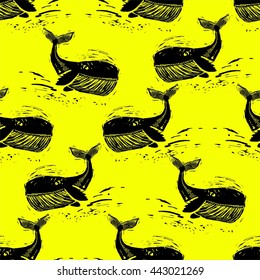 Seamless vector pattern with black whales on yellow background