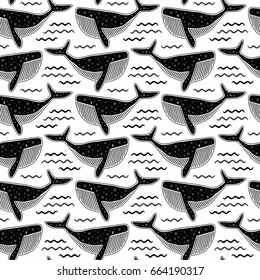 Seamless vector pattern with black whales with spots on back and waves on white background. Animal background for wallpaper, textiles, garments, bedding, swimwear, tissue 1.1