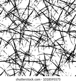 Seamless vector pattern. Black and white black abstract pattern. The effect of chaotic scratches. Monochrome infinite background of splashes and particles