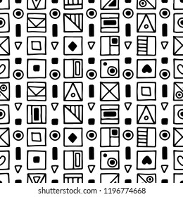 Seamless vector pattern, black and white background with different hand drawn symbols, decorative doodle squares. Symmetrical cute ornament for decoration fabric, wallpaper, prints. Graphic design