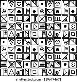 Seamless vector pattern, black and white background with different hand drawn symbols, decorative doodle squares. Symmetrical cute ornament for decoration fabric, wallpaper, prints. Graphic design