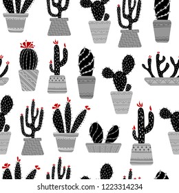 Seamless vector pattern. Black and white cacti in pots on a white background. Blooming cactus, home garden