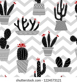 Seamless vector pattern. Black and white cacti in pots on a white background. Blooming cactus, home garden