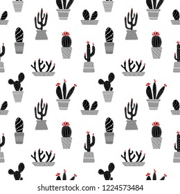 Seamless vector pattern. Black and white cacti in pots on a white background. Blooming cactus, home garden