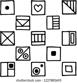 Seamless vector pattern, black and white background with different hand drawn symbols, decorative doodle squares. Symmetrical cute ornament for decoration fabric, wallpaper, prints. Graphic design