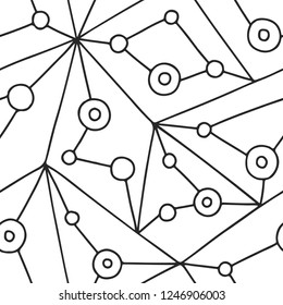 Seamless vector pattern, black and white lined asymmetric geometric background with lines, dots. Print for decor, wallpaper, packaging, wrapping, fabric. Triangular graphic design. Line drawing