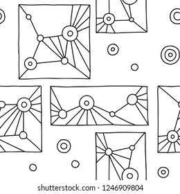 Seamless vector pattern. Black and white geometrical hand drawn background with rectangles, squares, dots. Print for decorative wallpaper, packaging, wrapping, fabric. Line drawing, graphic design