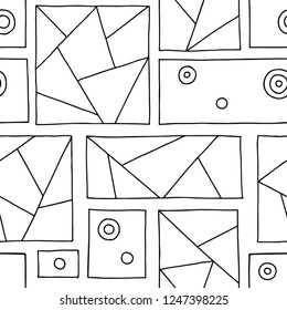 Seamless vector pattern. Black and white triangular geometrical hand drawn background with rectangles, squares, dots. Print for wallpaper, packaging, wrapping, fabric. Line drawing, graphic design
