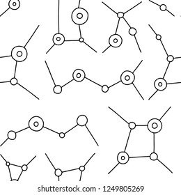 Seamless vector pattern, black and white lined asymmetric geometric background with lines, dots. Print for decor, wallpaper, packaging, wrapping, fabric. Triangular graphic design. Line drawing