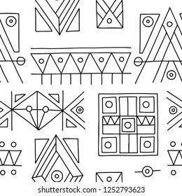Seamless vector pattern. Black and white geometrical hand drawn background with etnic elements. Print for background, wallpaper, packaging, wrapping, fabric. Tribal grafhic design