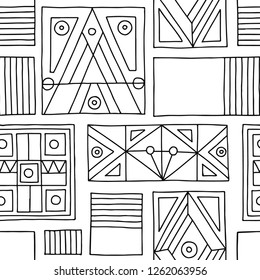 Seamless vector pattern, black and white background with different hand drawn symbols, decorative doodle squares. Symmetrical cute ornament for decoration fabric, wallpaper, prints. Graphic design