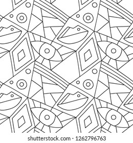 Seamless vector pattern, black and white lined asymmetric geometric background with rhombus, triangles. Print for decor, wallpaper, packaging, wrapping, fabric. Triangular abstrac design. Line drawing