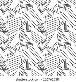 Seamless vector pattern, black and white lined asymmetric geometric background with rhombus, triangles. Print for decor, wallpaper, packaging, wrapping, fabric. Triangular graphic design. Line drawing