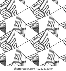 Seamless vector pattern, black and white lined asymmetric geometric background with rhombus, triangles. Print for decor, wallpaper, packaging, wrapping, fabric. Triangular graphic design. Line drawing